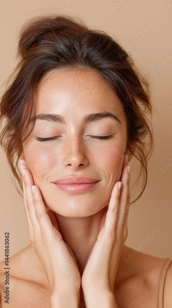 Studio beauty portrait of a serene young woman with glowing skin and hands on her face, showcasing skincare, natural beauty and facial wellness Studio beauty portrait of a serene young woman with glowing skin and hands on her face, showcasing skincare, natural beauty and facial wellness