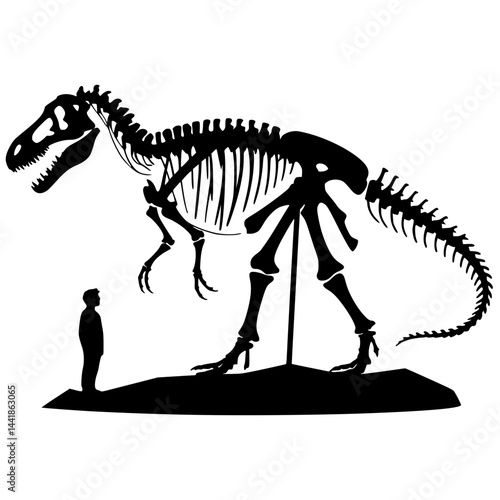 Silhouette of a family standing in front of a large dinosaur skeleton display in a museum hall, looking up in awe, solid black vector on a pure white background.