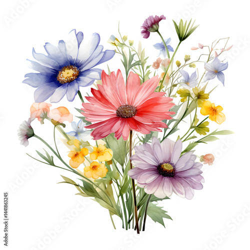 watercolor wildflower bouquet on transparent background, elegant spring flowers png, wedding invitation floral, botanical watercolor art,beautiful wildflower arrangement, painted floral illustration