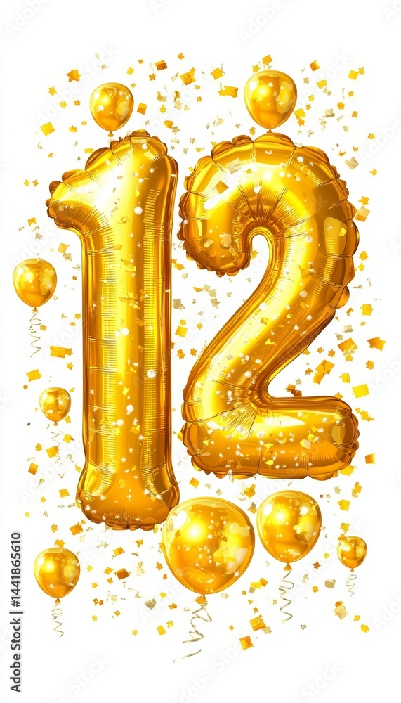 Fototapeta premium Golden Number 12 Balloon with Festive Balloons and Confetti for 12th Birthday Celebration