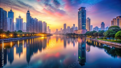Serene Urban Waterscape at Dawn Skyscrapers Mirrored in Calm River, Illuminated by Soft Sunrise Light
