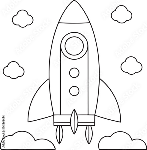 rocket ship flying through clouds line art coloring page vector illustration