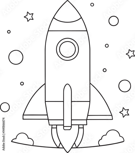 rocket launching into space line drawing illustration coloring page vector illustration