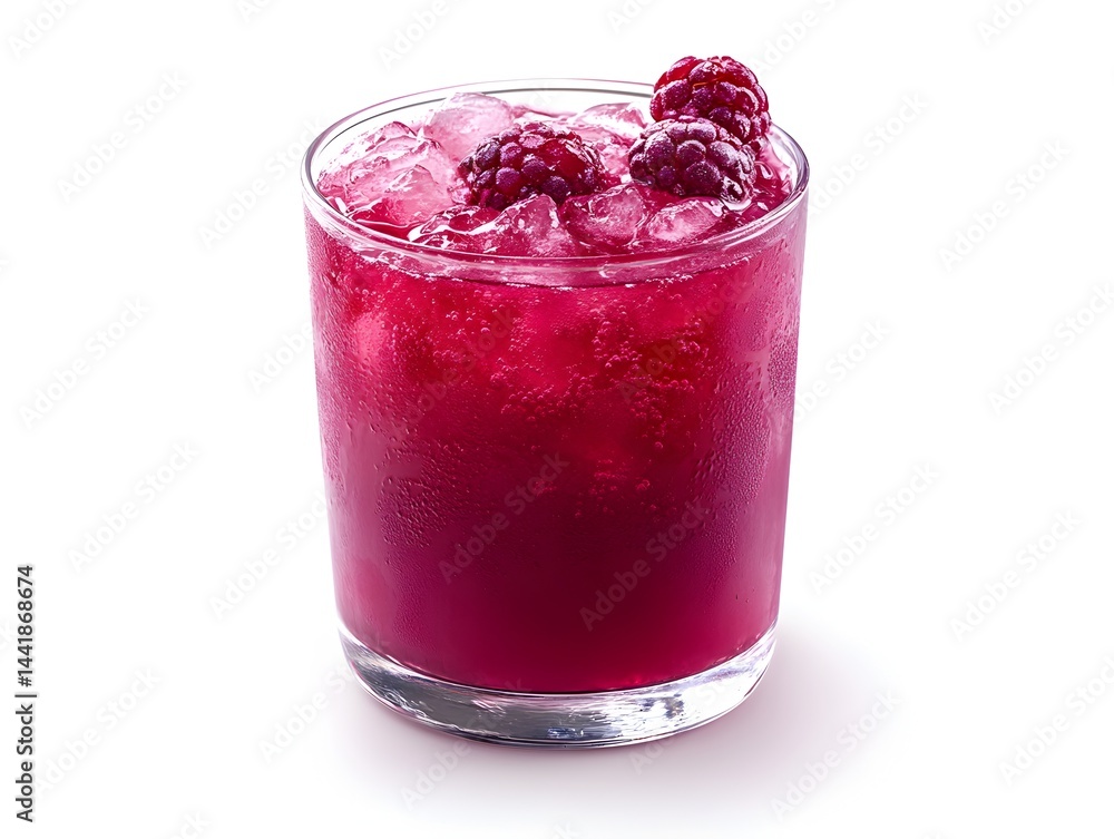 Refreshing raspberry iced beverage in a rocks glass with ice cubes and fresh raspberries on top against a white background. Refreshing raspberry iced beverage in a rocks glass with ice cubes and fresh raspberries on top against a white background.