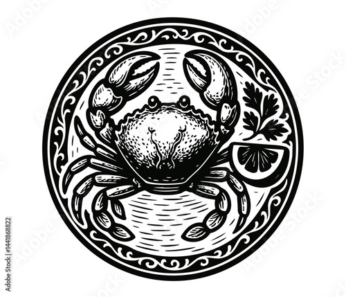 Delicacy crab on beautiful plate. Top view vector seafood illustration. Restaurant dish, food presentation