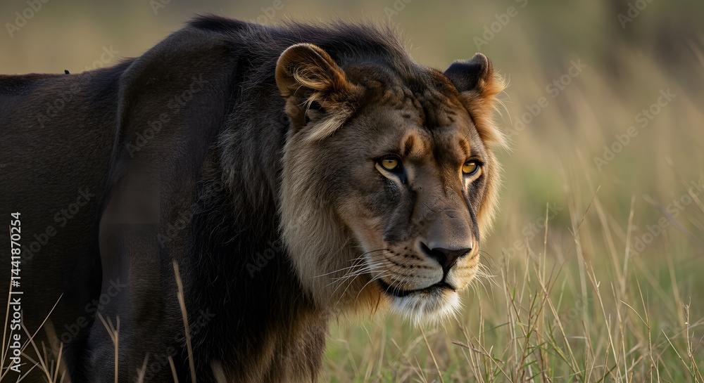 Obraz premium Lion Looking Ahead in Grassland Wildlife Portrait