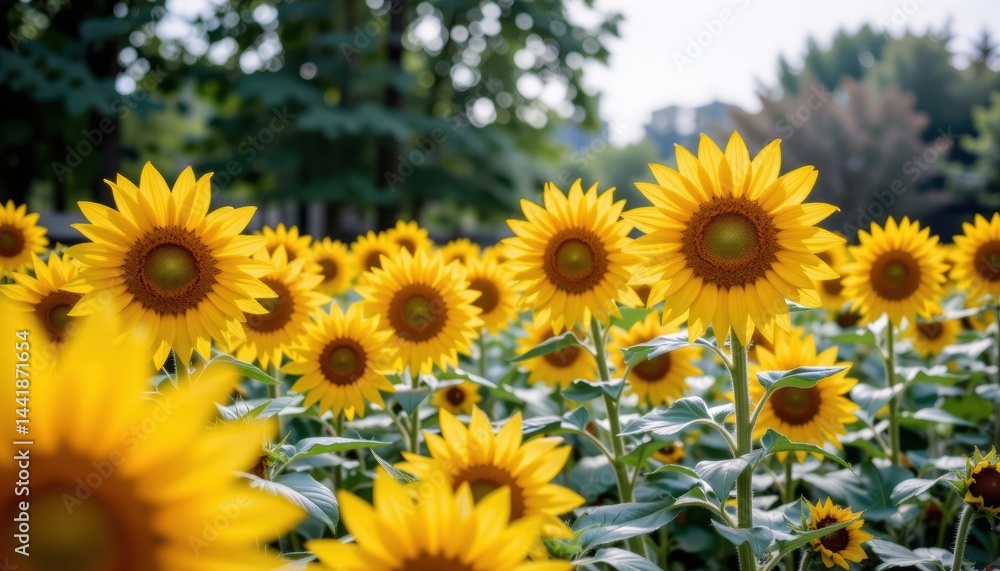 Sunflowers blooming in a sunny field with greenery around. Sunflowers blooming in a sunny field with greenery around.