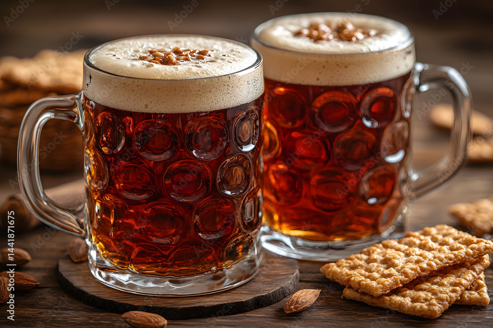 Rustic Beer Scene with Traditional Mugs and Crackers - Oktoberfest Vibes Rustic Beer Scene with Traditional Mugs and Crackers - Oktoberfest Vibes