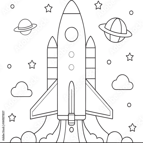space rocket launch scene with planetary sky coloring page vector illustration