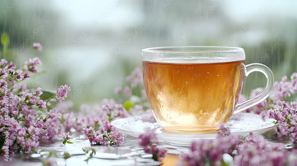 A steaming cup of tea sits on a saucer surrounded by pink flowers du a gentle rain shower near a window. A steaming cup of tea sits on a saucer surrounded by pink flowers du a gentle rain shower near a window.