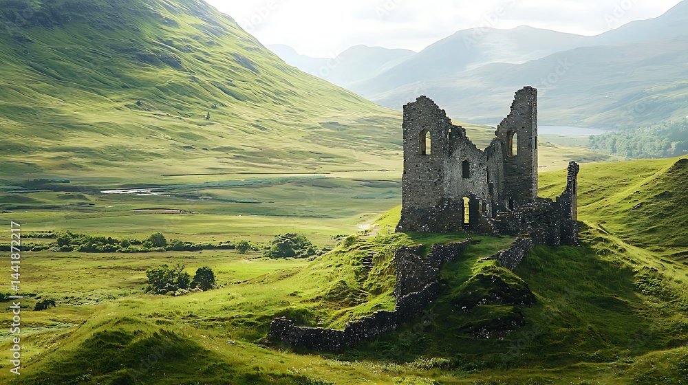 Ruins of Ancient Castle on Green Hillside with Scenic Mountains in Background, Scotland Ruins of Ancient Castle on Green Hillside with Scenic Mountains in Background, Scotland