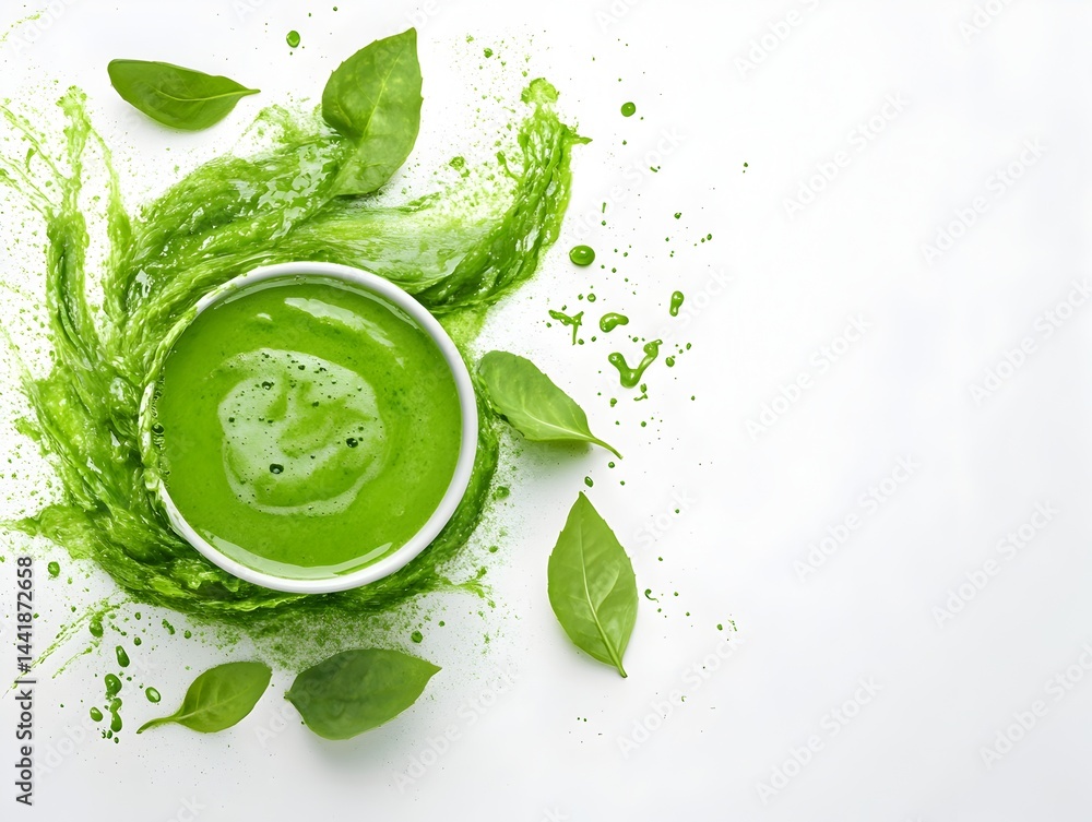 Obraz premium Fresh vibrant green spinach smoothie in a white bowl splashed with vibrant green liquid and fresh spinach leaves on white background.