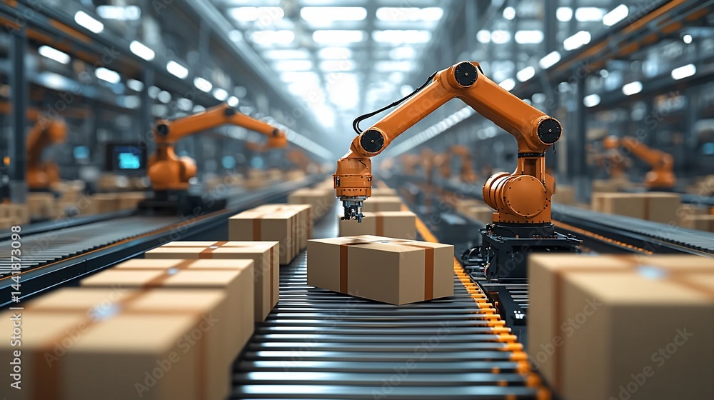 custom made wallpaper toronto digitalAutomated robotic arms sort and package boxes on a conveyor belt in a modern warehouse