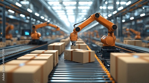 Automated robotic arms sort and package boxes on a conveyor belt in a modern warehouse