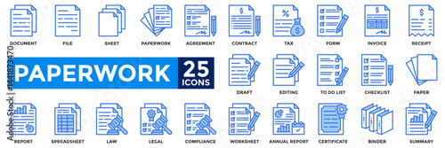 Paperwork icon collection set. Containing document, paper, contract, summary, report, worksheet, binder icon.Simple blue vector illustration.