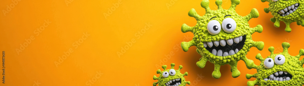 group of silly green cartoon viruses with exaggerated features on bright orange background, creating fun atmosphere group of silly green cartoon viruses with exaggerated features on bright orange background, creating fun atmosphere