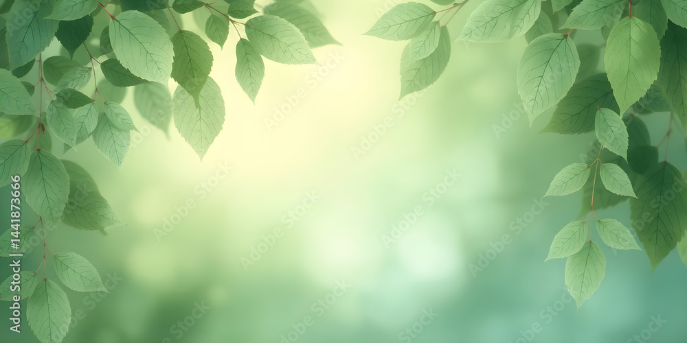 Obraz premium Soft green and blue gradient background with transparent leaves overlay and subtle industrial elements