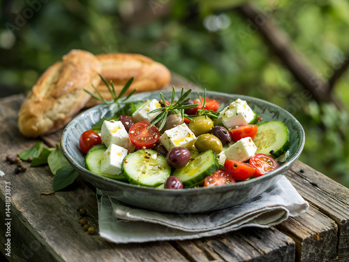 Fotografía Fresh greek salad with bread served outdoors on rustic wooden table