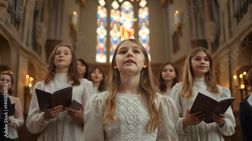 A choir of young girls in white dresses sings in a majestic church, their eyes lifted in devotion. The stained-glass window behind them adds to the sacred atmosphere
