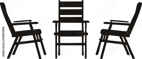 Minimalist Vector Illustration of Black and White Silhouette Outdoor Furniture – Three Wooden Chairs in a Simple Geometric Design for Modern Patio Set and Garden Seating


