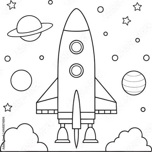 rocket ship coloring page for space exploration theme coloring page vector illustration