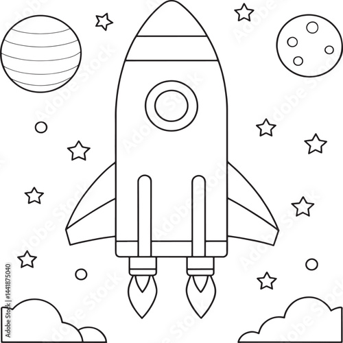 outlined rocket ship blasting into space with planets coloring page vector illustration