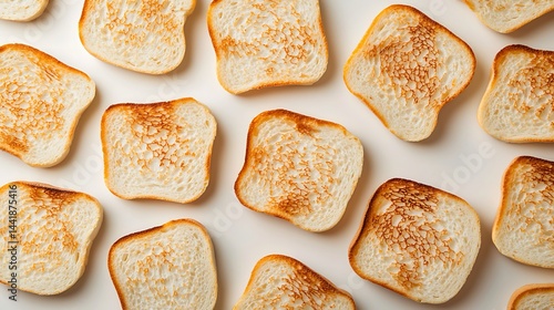 Obraz na płótnie Multiple slices of toasted bread are arranged in a neat, repetitive pattern on a light background. w salonie