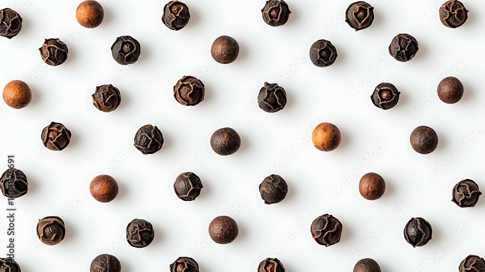 Whole black peppercorns arranged in a neat, geometric pattern on a white background.