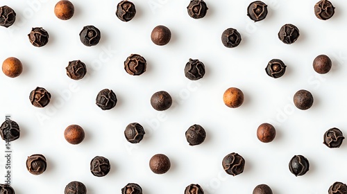 Obraz na płótnie Whole black peppercorns arranged in a neat, geometric pattern on a white background. w salonie