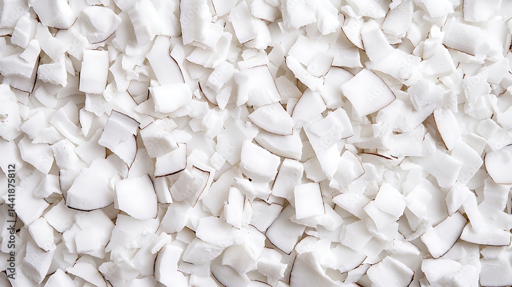 Chopped coconut pieces spread out in a close-up view, showing their white, fresh, and natural texture.
