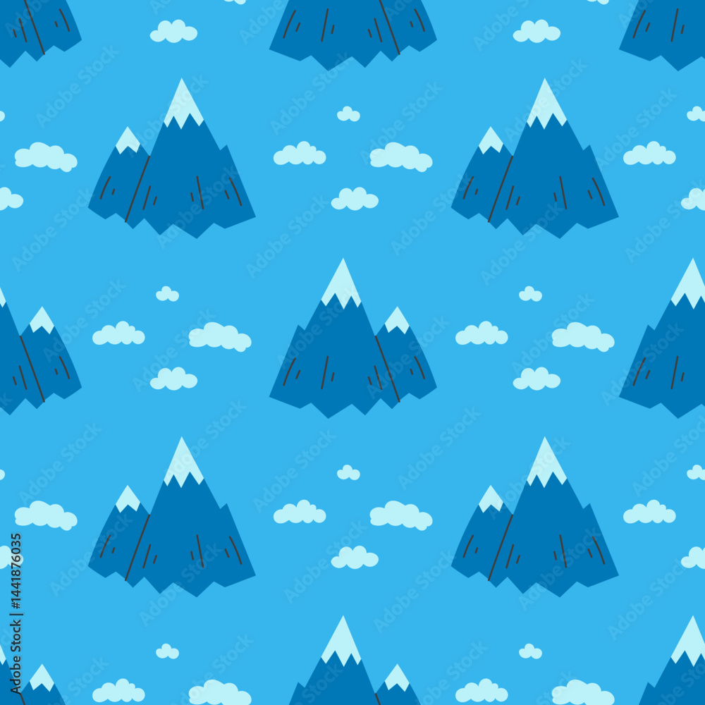Obraz premium Mountains and Clouds Seamless Pattern. Blue Nature Landscape Background in hand drawn flat style. Repeat vector illustration