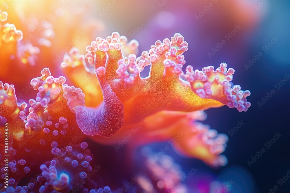 Naklejka premium Vibrant coral polyps in warm ocean light, showcasing intricate textures and colors.
