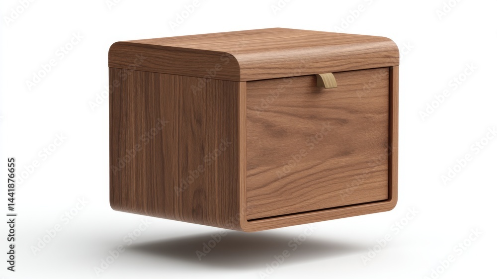 A modern, floating wooden storage box with a minimalist design and a front flap, isolated on a white background. A modern, floating wooden storage box with a minimalist design and a front flap, isolated on a white background.