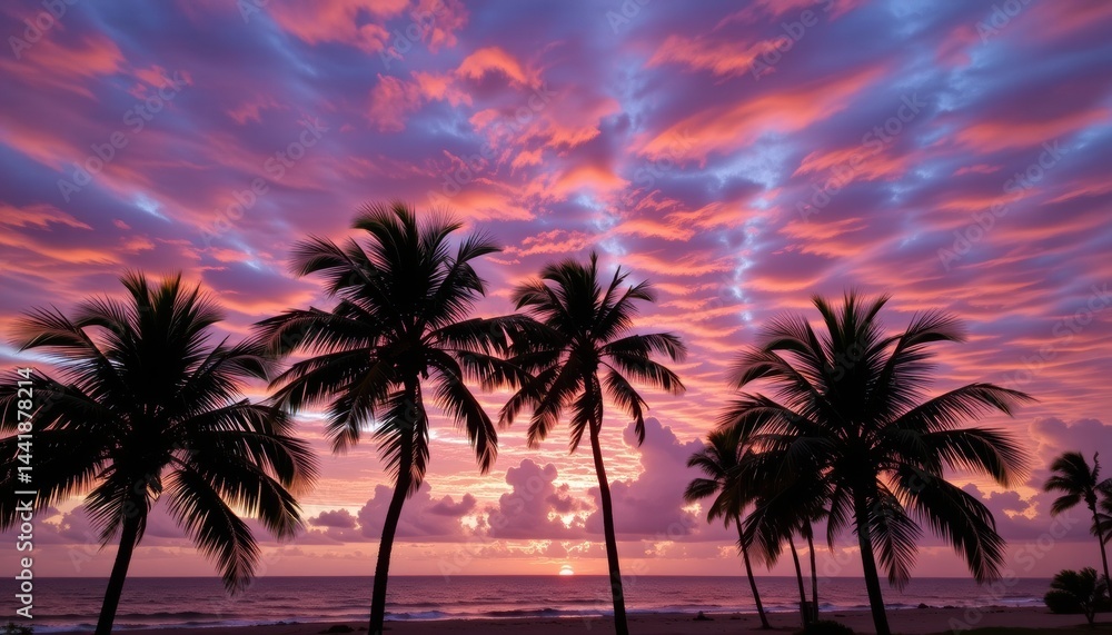 Obraz premium Vibrant sunset over palm trees by the ocean.