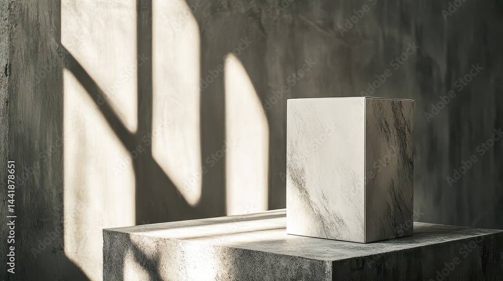 Muted light casts shadows on a neutral presentation cube. Muted light casts shadows on a neutral presentation cube.