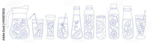 Bright lemonade juice in different glasses and pitcher. Set of refreshing drinks with ice and straw in glass cups. Summer cold drinks, hand drawn yellow lemons slices and leaves