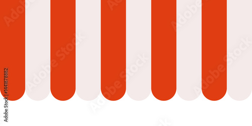 Red and white striped shop awning. Market canopy tent. Sun shade roof. Cafe awning. Shop striped canopy. Seamless pattern. Kiosk window border. Vector illustration isolated on white background.