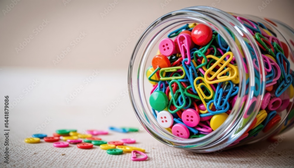 Fototapeta premium Colorful stationery items in a glass jar on a surface.