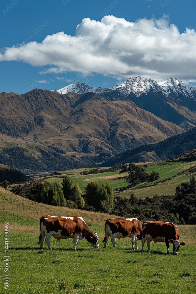 Obraz premium Cows grazing on lush green pasture under blue sky with mountains in background, peaceful rural landscape, livestock farming, nature, serene countryside scene.