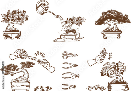 盆栽のお手入れをする線画のイラストセット
