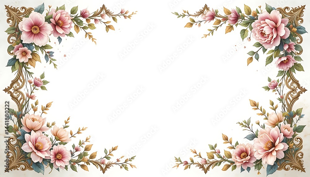 Fototapeta premium Floral Frame with Pink Flowers and Gold Ornaments for Greeting Cards