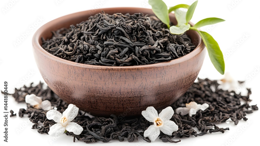 A dark brown wooden bowl overflows with dried black tea leaves and delicate white flowers, a sprig of fresh green tea leaves rests beside it. A dark brown wooden bowl overflows with dried black tea leaves and delicate white flowers, a sprig of fresh green tea leaves rests beside it.