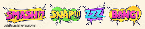 A set of four comical speech bubbles with the words smash, snap, zzzz, bang and halftone elements, cute dark details all around.