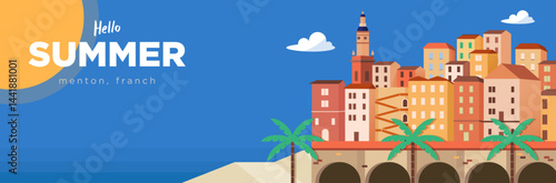 Summer banner background with blue sky and vintage European buildings of Menton city, France, vector design including copy space for text