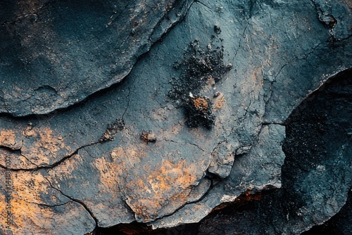 Close-up view of a dark, textured rock surface with cracks and layers showing orange hues.