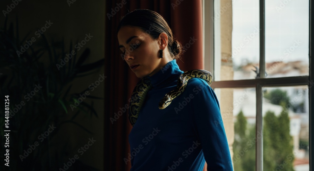 Young caucasian female with snake in dimly lit room near window Young caucasian female with snake in dimly lit room near window