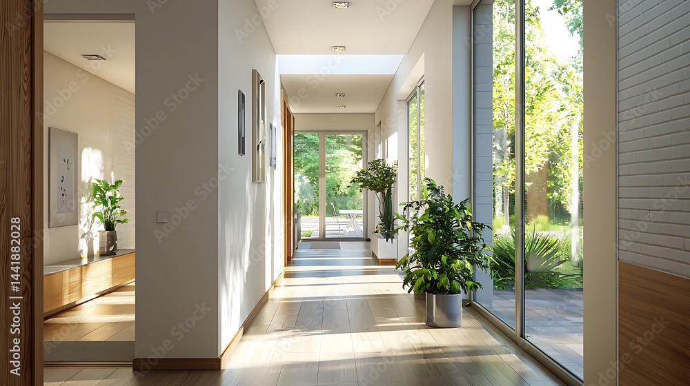 Obraz premium Bright and Inviting Modern Hallway with Large Windows and Lush Greenery in Background