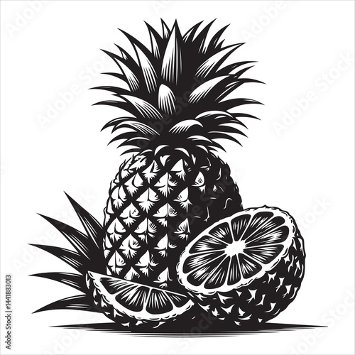 a fresh pineapple fruit vector silhouette, vector black color silhouette, isolated white background 