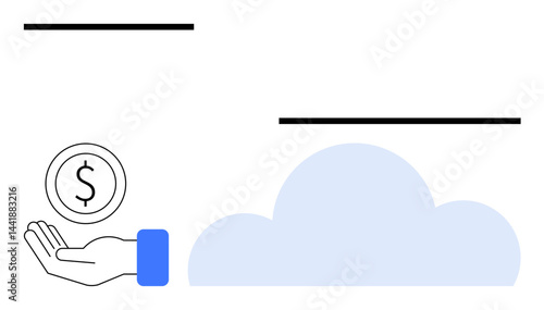 Hand extended with coin, cloud shape in backdrop. Ideal for savings, finance, cloud computing, digital economy, online payment, virtual banking, simple landing page