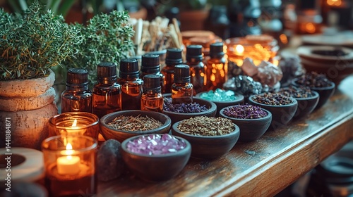 Assorted natural healing and wellness products displayed on a wooden table